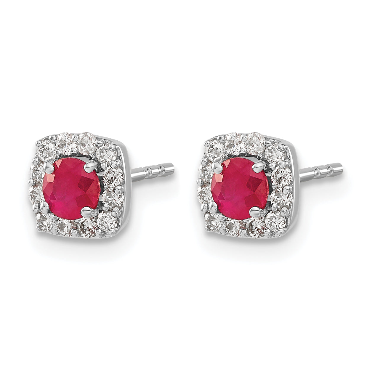 14k White Gold 1/5 carat Lab Grown Diamond VS/SI+ G+ and Created Ruby Complete Square Halo Post Earrings
