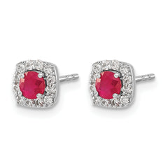 14k White Gold 1/5 carat Lab Grown Diamond VS/SI+ G+ and Created Ruby Complete Square Halo Post Earrings