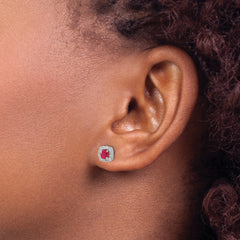 14k White Gold 1/5 carat Lab Grown Diamond VS/SI+ G+ and Created Ruby Complete Square Halo Post Earrings