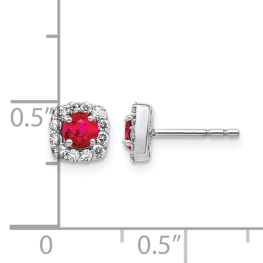 14k White Gold 1/5 carat Lab Grown Diamond VS/SI+ G+ and Created Ruby Complete Square Halo Post Earrings