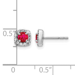 14k White Gold 1/5 carat Lab Grown Diamond VS/SI+ G+ and Created Ruby Complete Square Halo Post Earrings