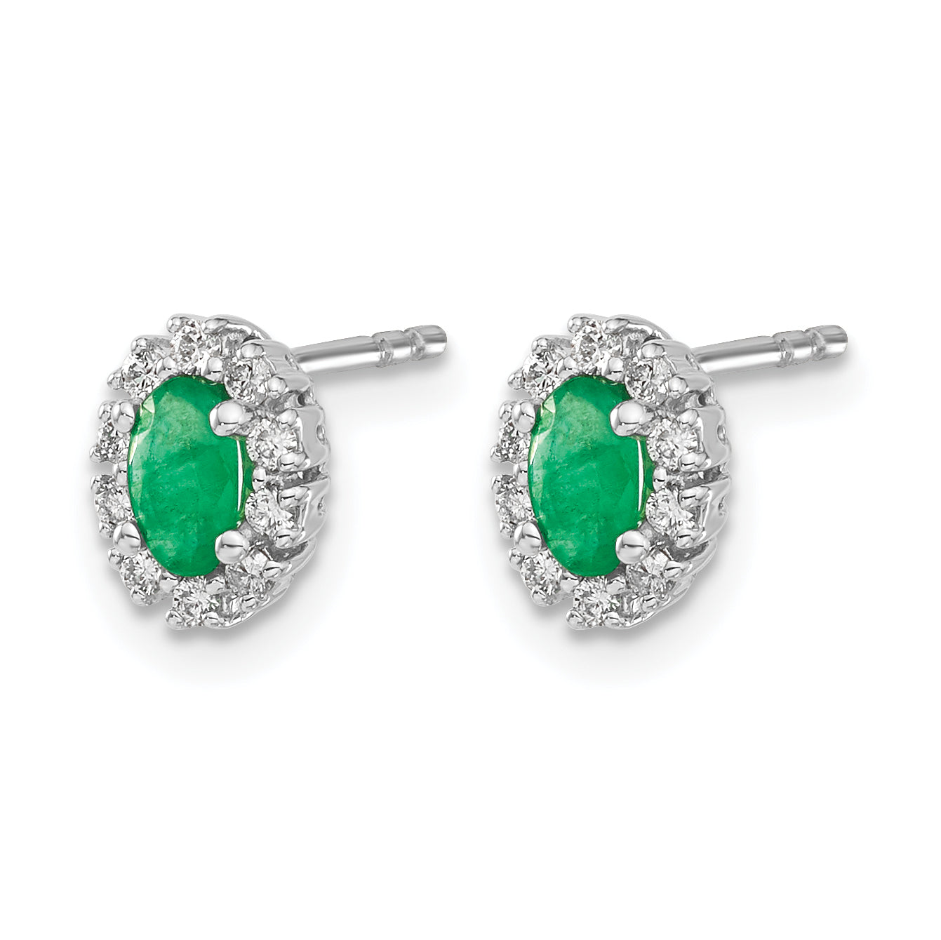 14k White Gold 1/5 carat Lab Grown Diamond VS/SI+ G+ and Oval Created Emerald Complete Halo Post Earrings Secondary image