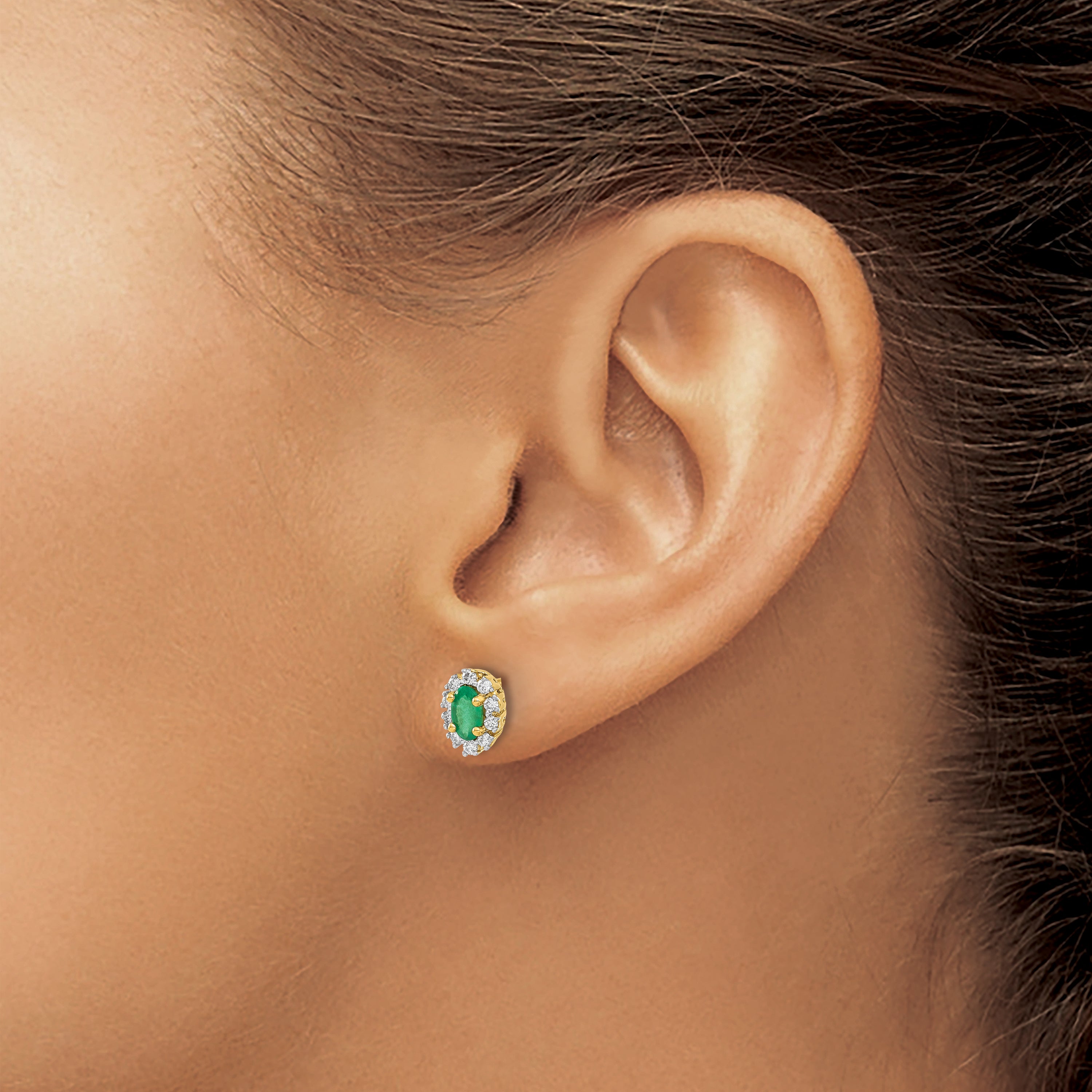 14k 1/5 carat Lab Grown Diamond VS/SI+ G+ and Oval Created Emerald Complete Halo Post Earrings