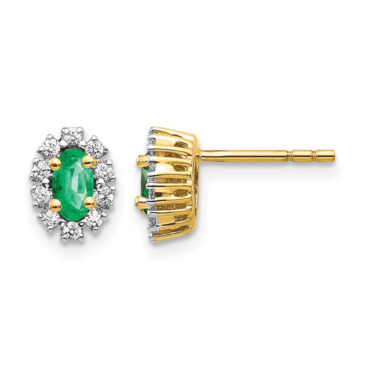 14k 1/5 carat Lab Grown Diamond VS/SI+ G+ and Oval Created Emerald Complete Halo Post Earrings Main image