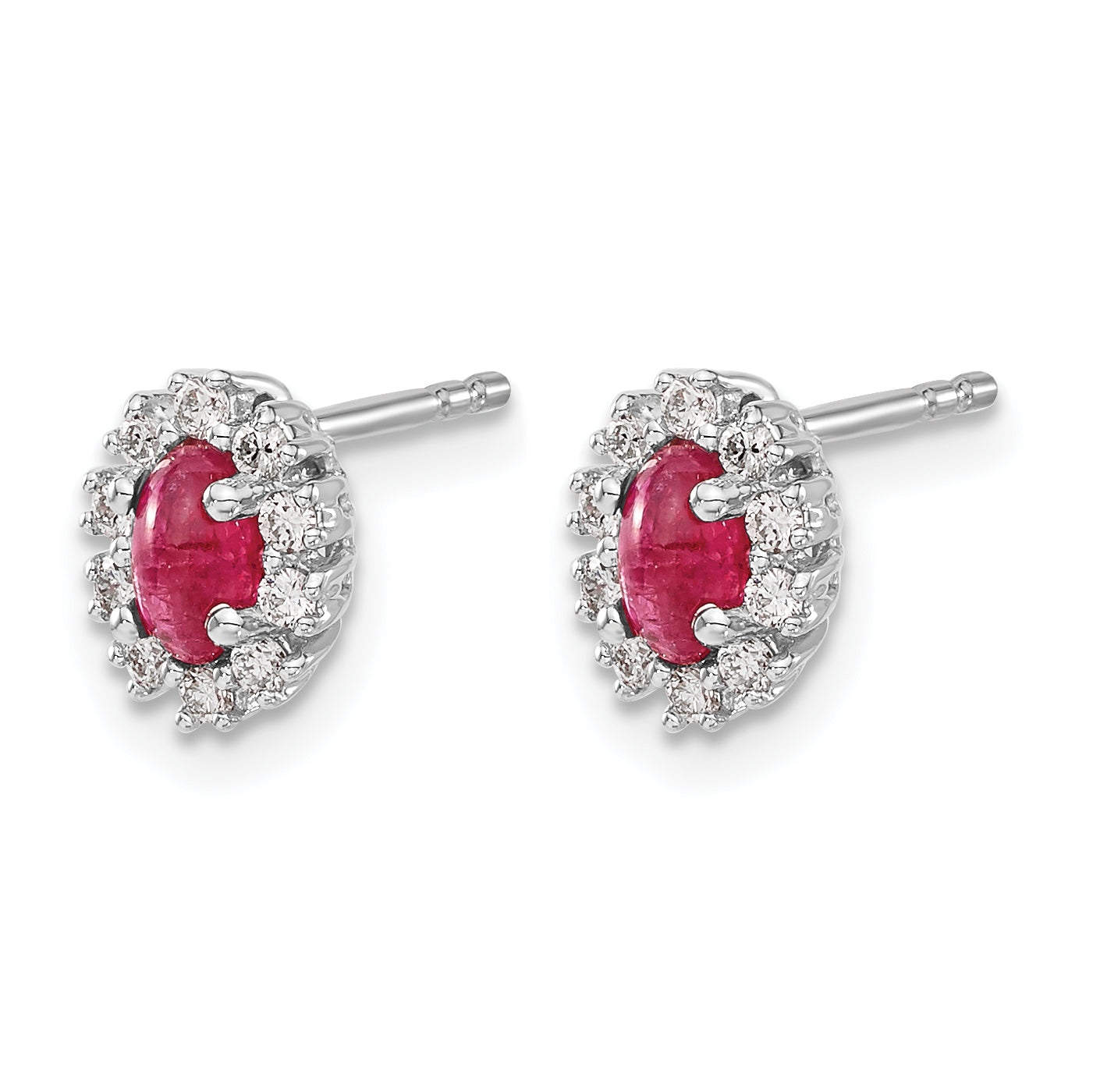14k White Gold 1/5 carat Lab Grown Diamond VS/SI+ G+ and Oval Created Ruby Complete Halo Post Earrings Secondary image