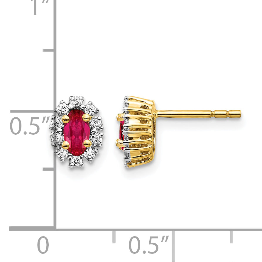 14k 1/5 carat Lab Grown Diamond VS/SI+ G+ and Oval Created Ruby Complete Halo Post Earrings