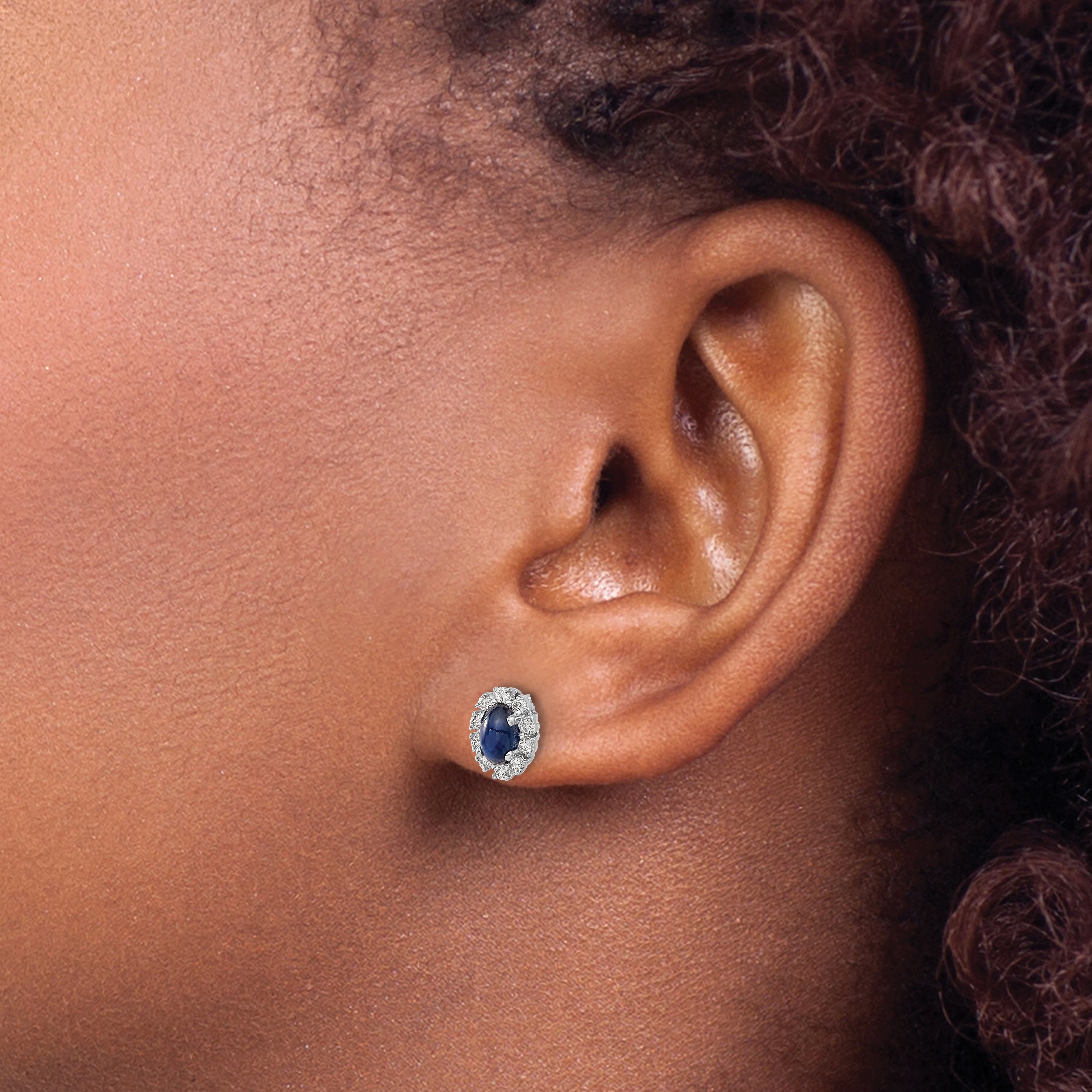 14k White Gold 1/5 carat Lab Grown Diamond VS/SI+ G+ and Oval Created Sapphire Halo Post Earrings