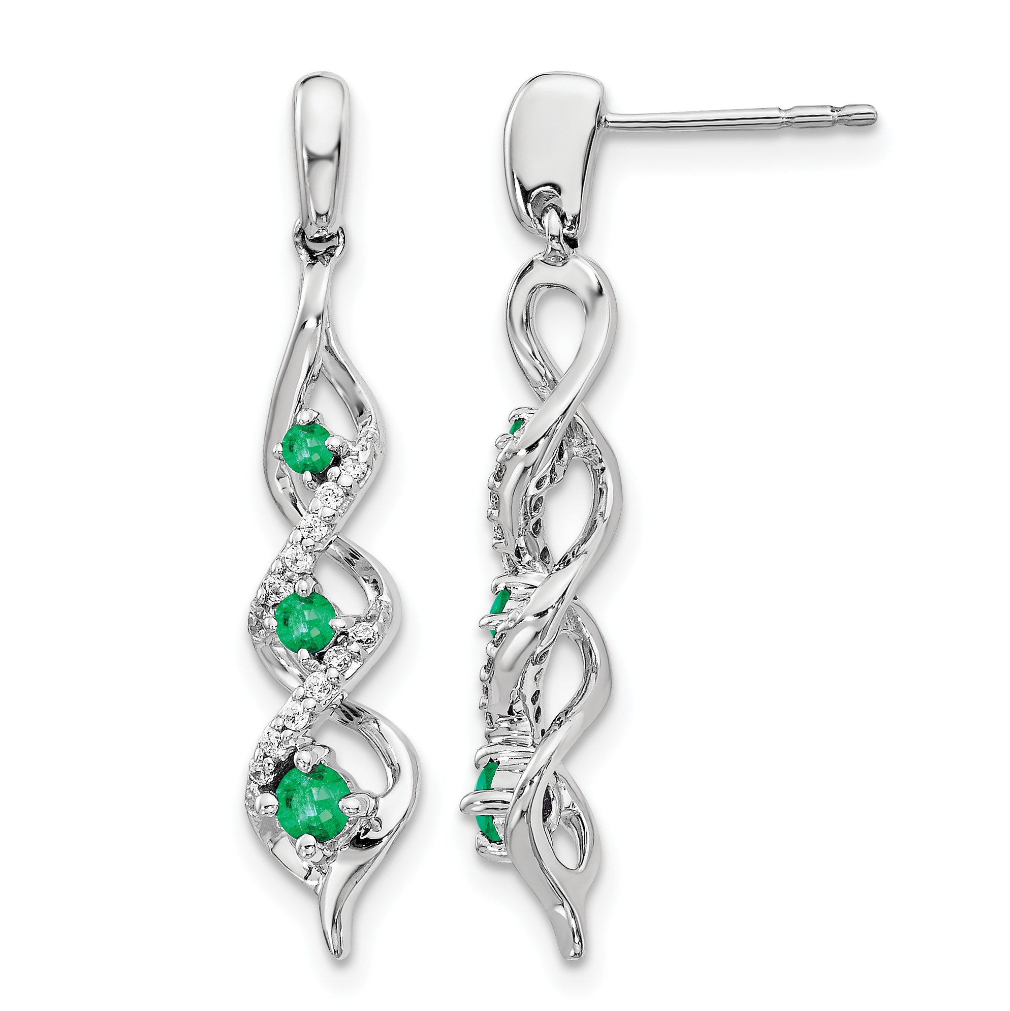 10k White Gold Diamond and Emerald 3 Stone Post Dangle Earrings Main image