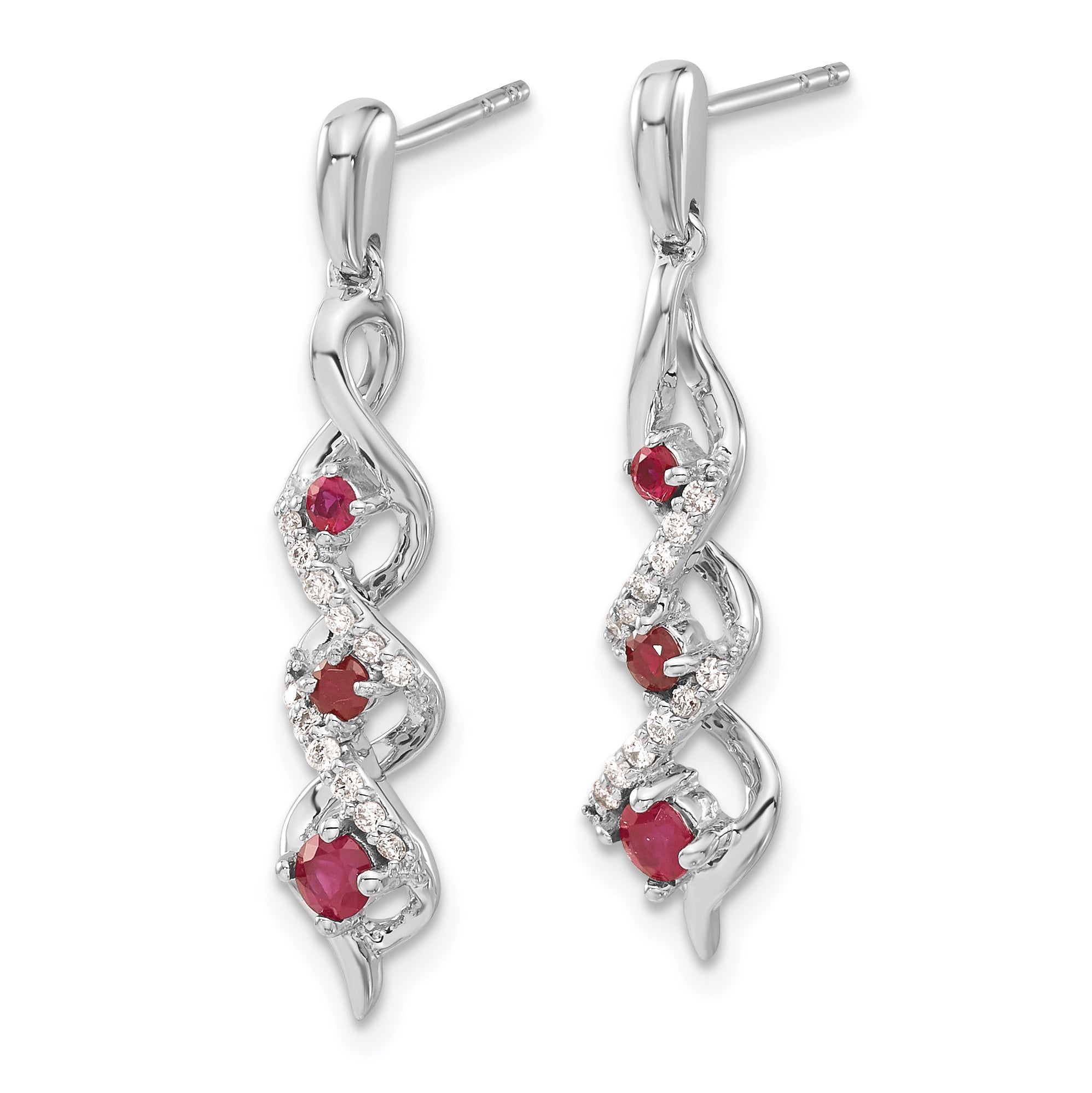 10k White Gold Diamond and Ruby 3 Stone Post Dangle Earrings Secondary image