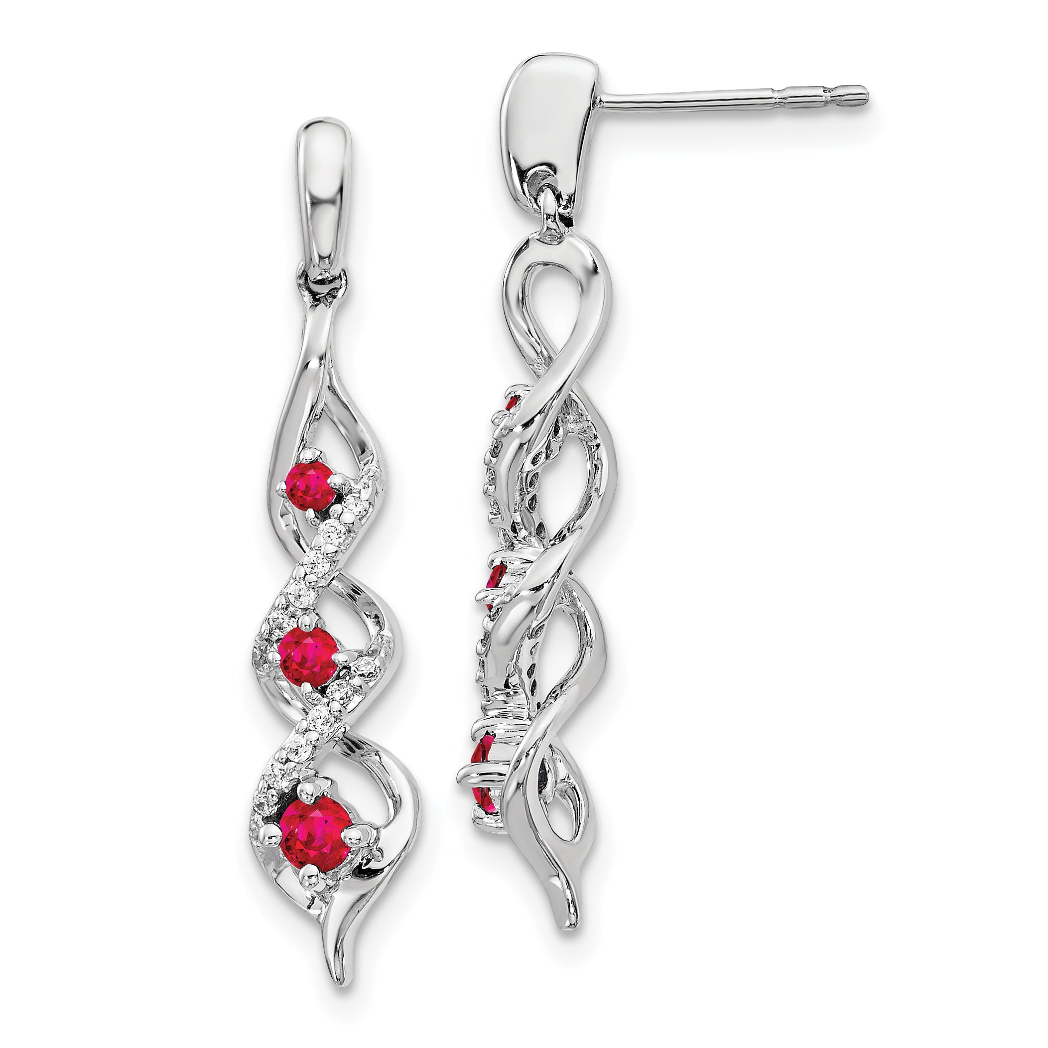10k White Gold Diamond and Ruby 3 Stone Post Dangle Earrings Main image