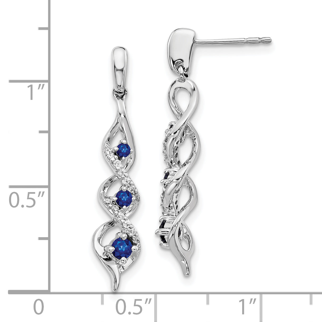 10k White Gold Diamond and Blue Sapphire 3 Stone Post Dangle Earrings Secondary image