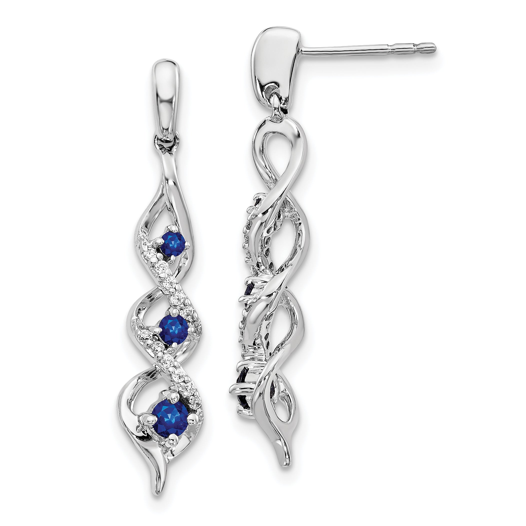 10k White Gold Diamond and Blue Sapphire 3 Stone Post Dangle Earrings Main image