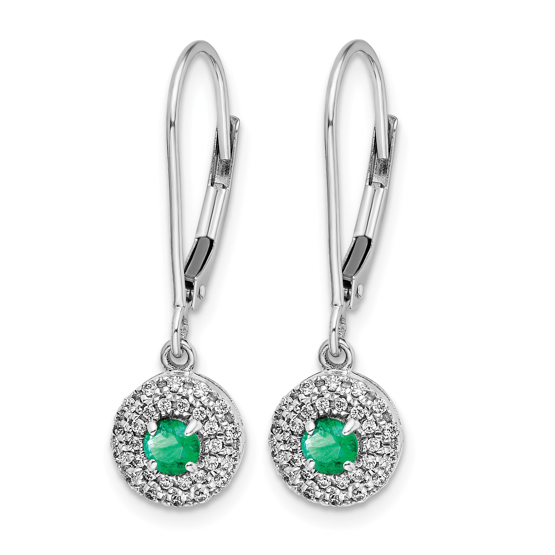 14k White Gold 1/5 carat Lab Grown Diamond VS/SI+ G+ and Created Emerald Complete Halo Leverback Earrings Secondary image