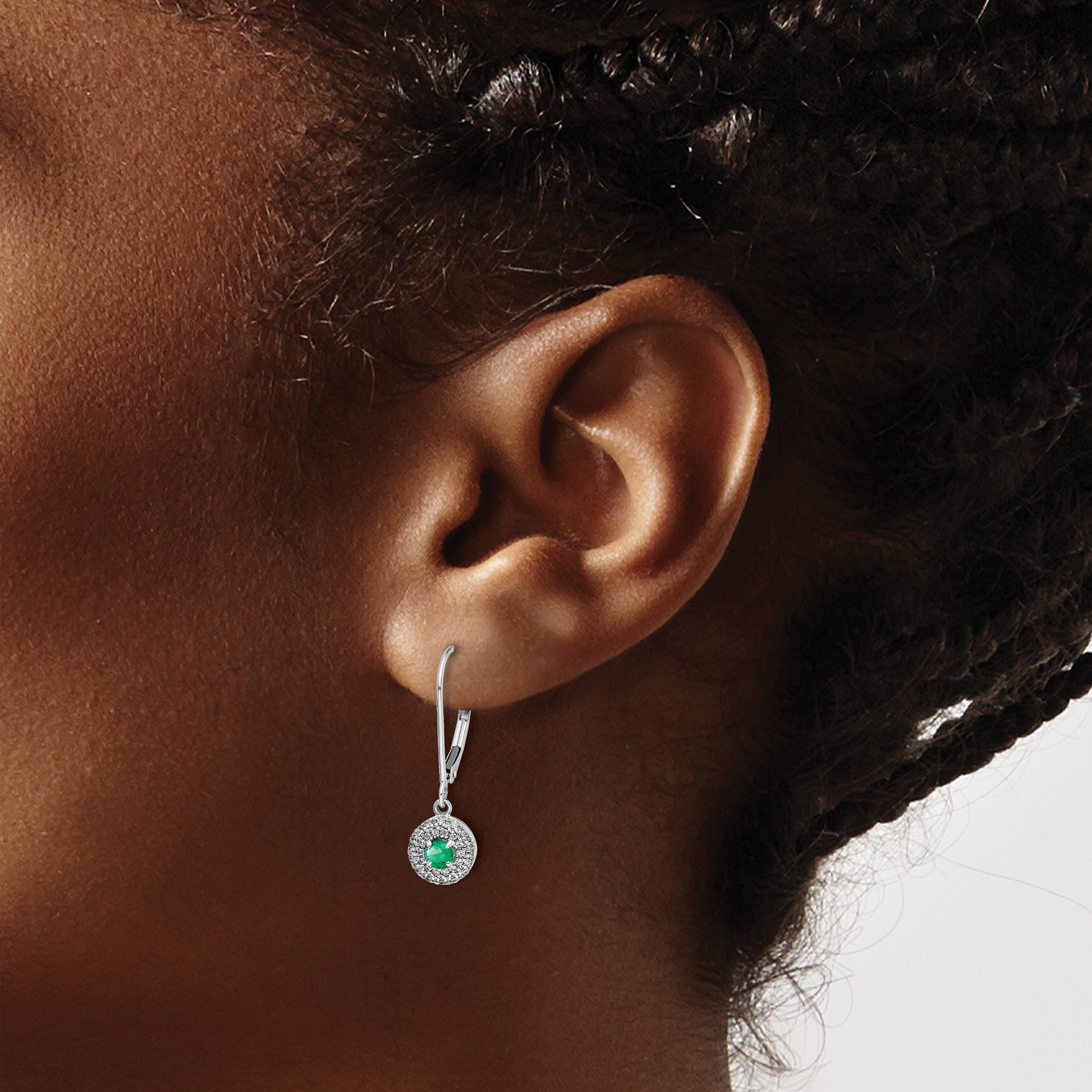 14k White Gold 1/5 carat Lab Grown Diamond VS/SI+ G+ and Created Emerald Complete Halo Leverback Earrings
