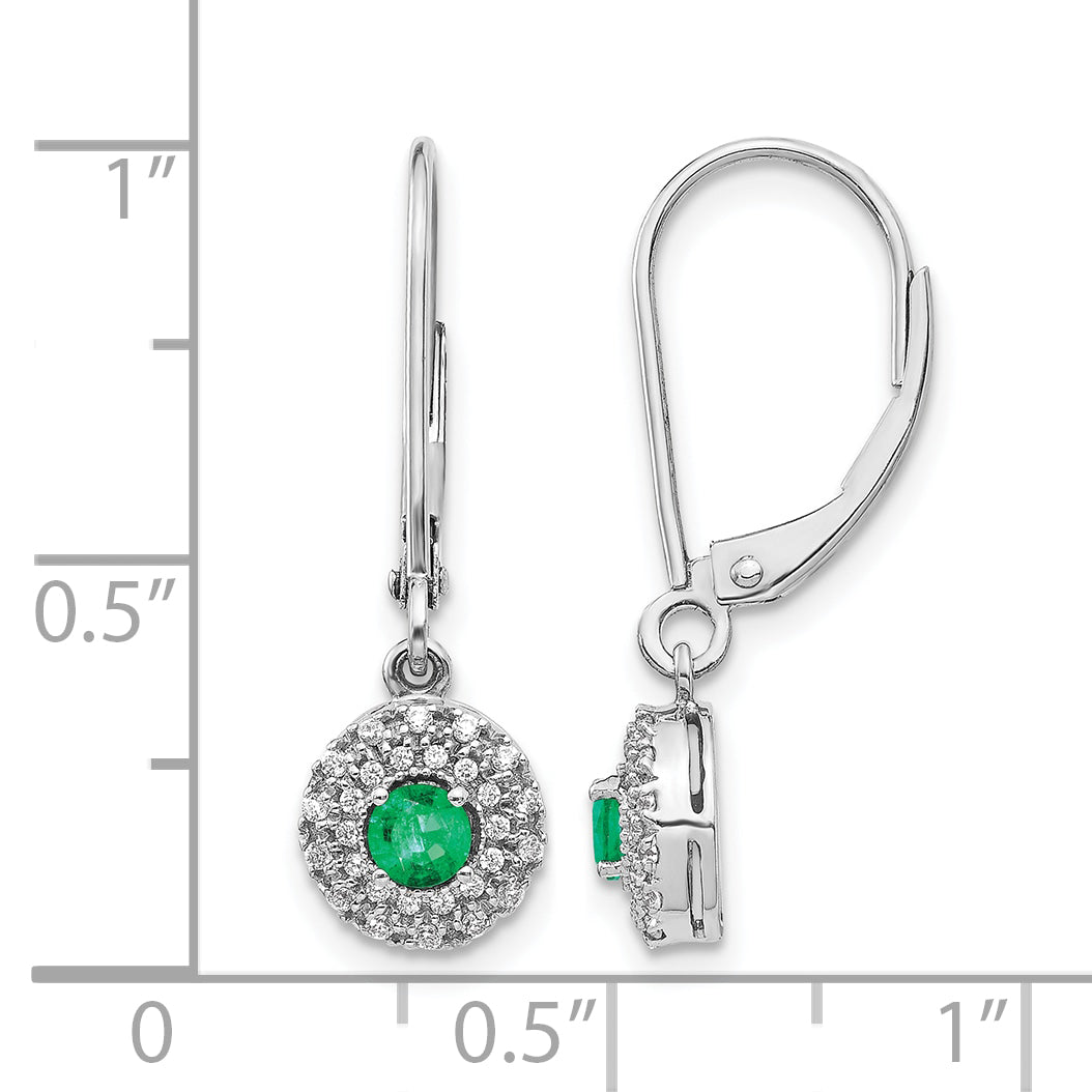 14k White Gold 1/5 carat Lab Grown Diamond VS/SI+ G+ and Created Emerald Complete Halo Leverback Earrings