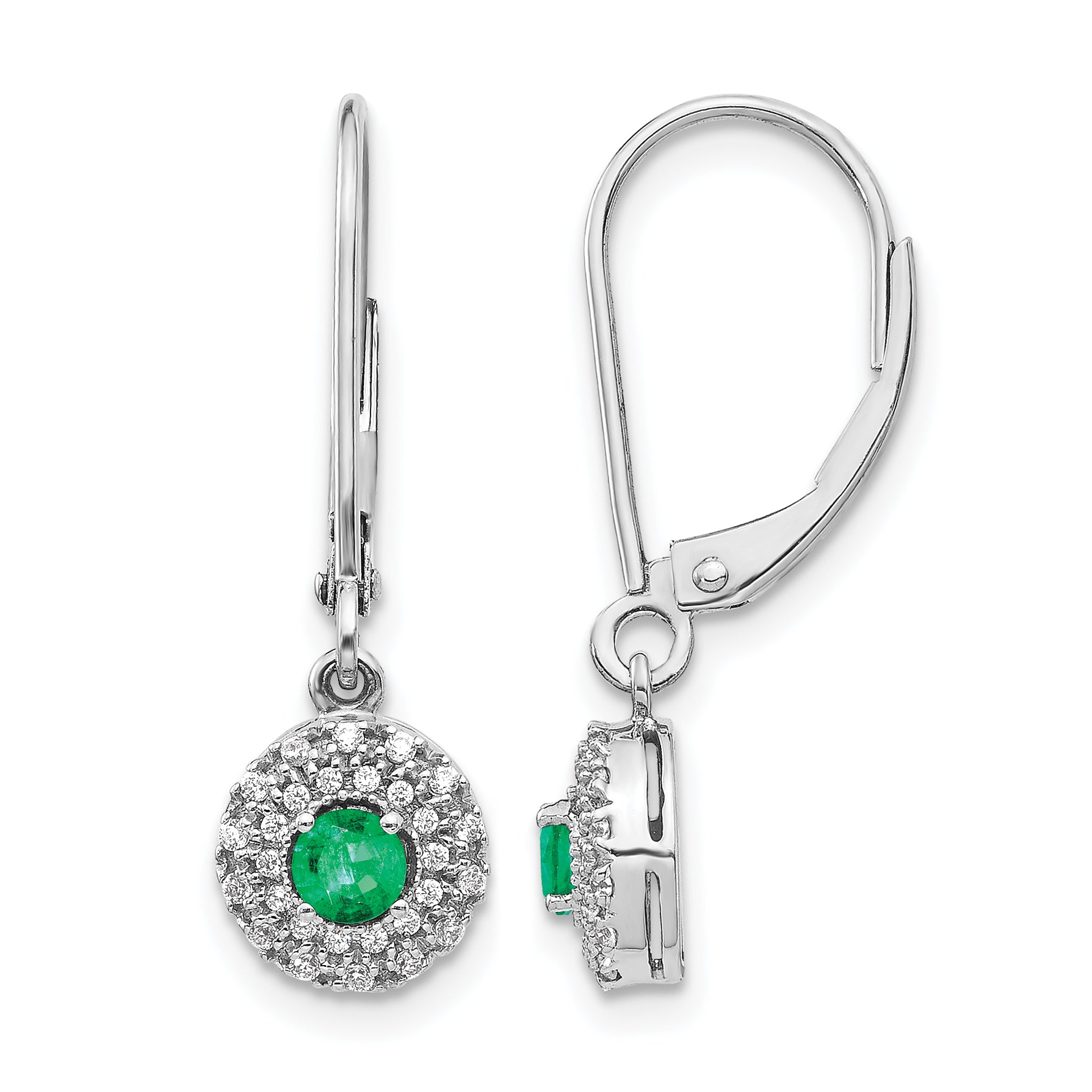 14k White Gold 1/5 carat Lab Grown Diamond VS/SI+ G+ and Created Emerald Complete Halo Leverback Earrings Main image