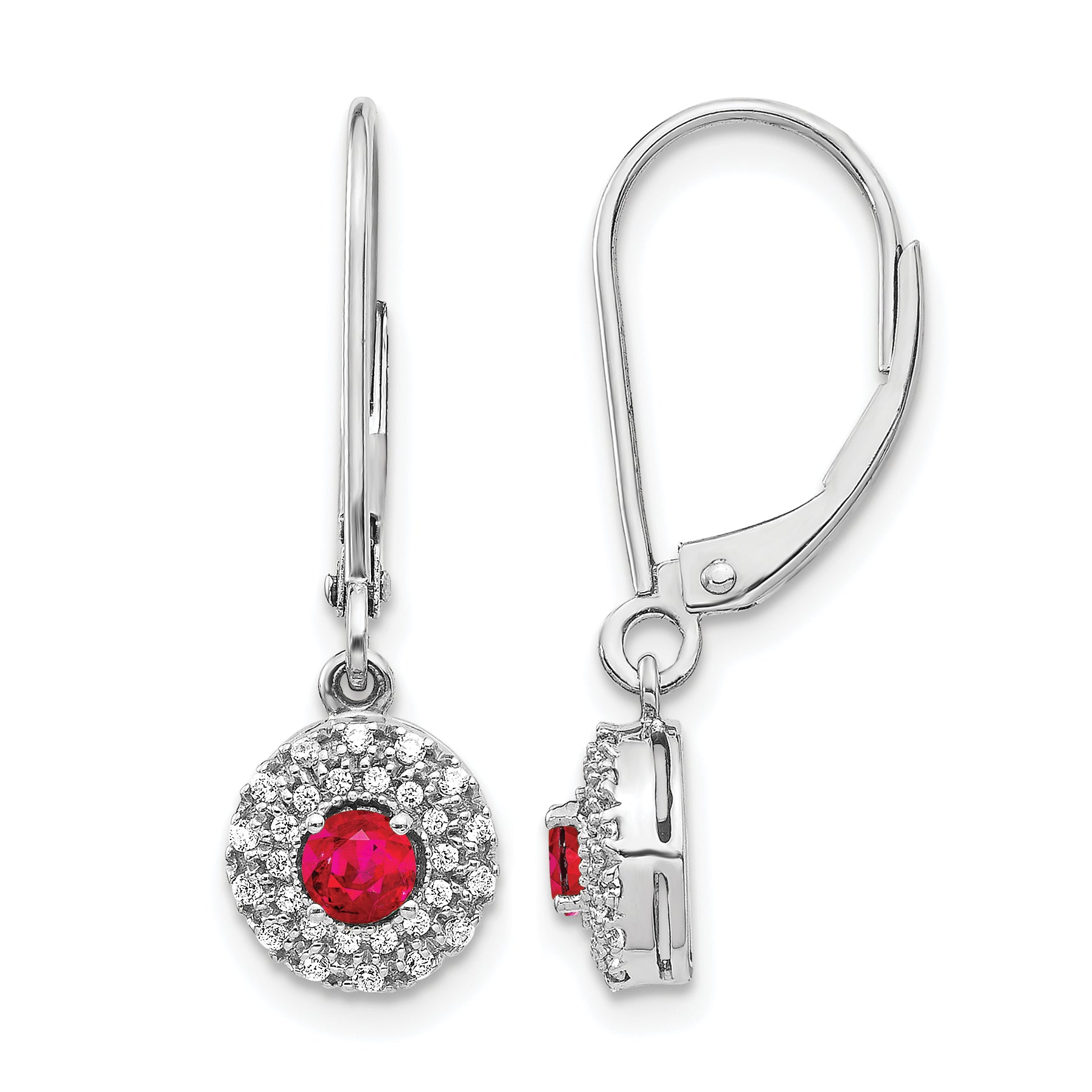 14k White Gold 1/5 carat Lab Grown Diamond VS/SI+ G+ and Created Ruby Complete Drop Leverback Earrings Main image