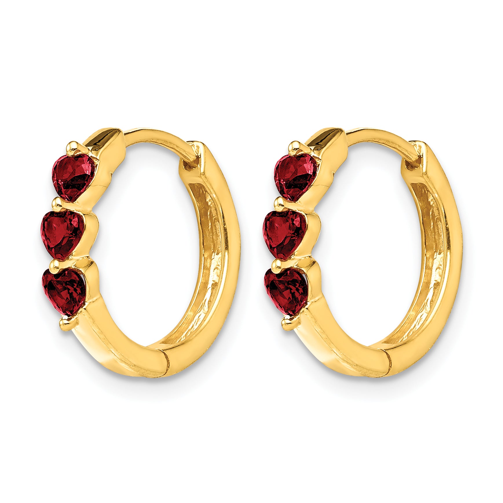 10k 3 Stone Created Ruby Polished Hinged Hoop Earrings