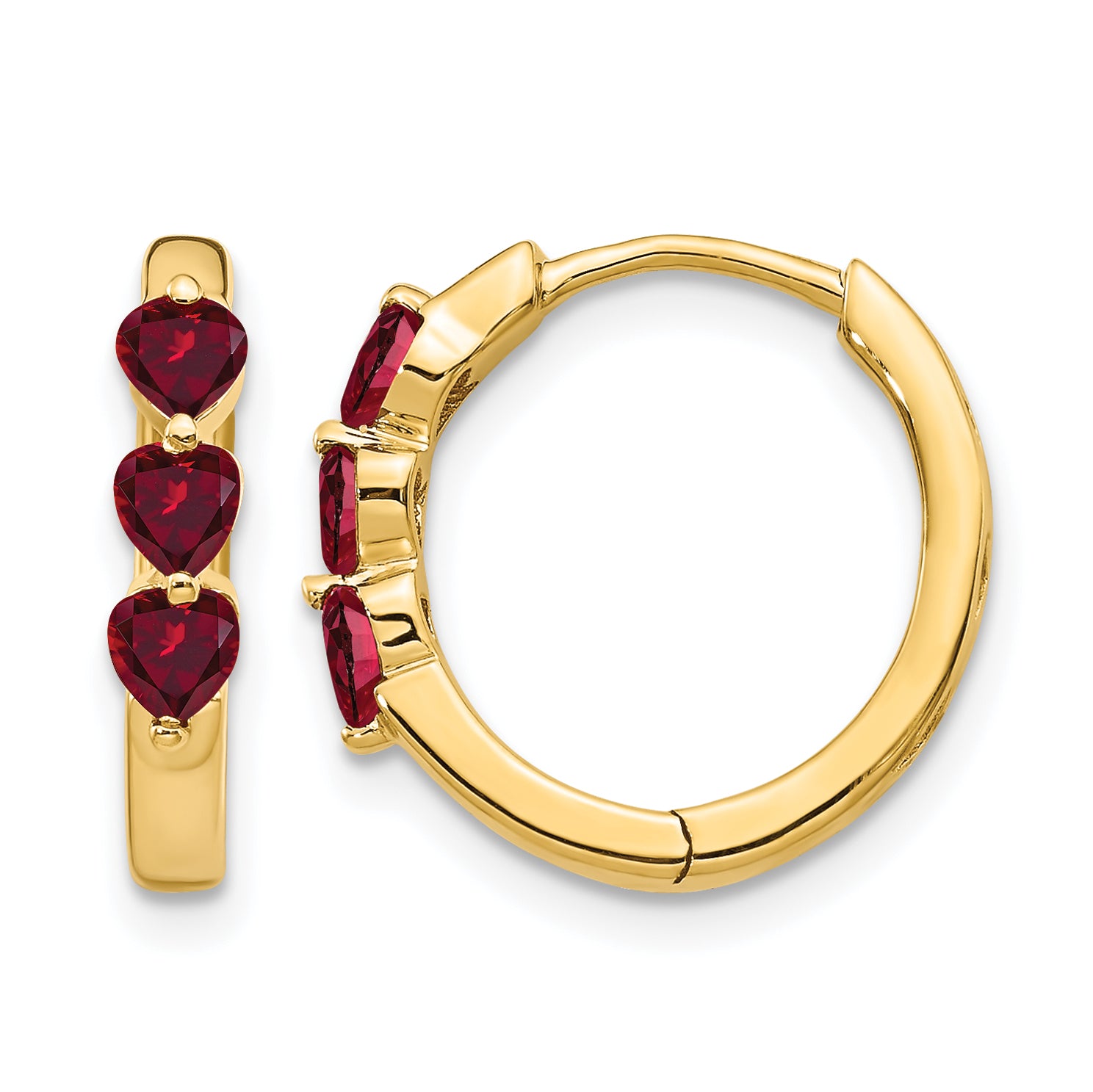 10k 3 Stone Created Ruby Polished Hinged Hoop Earrings Main image