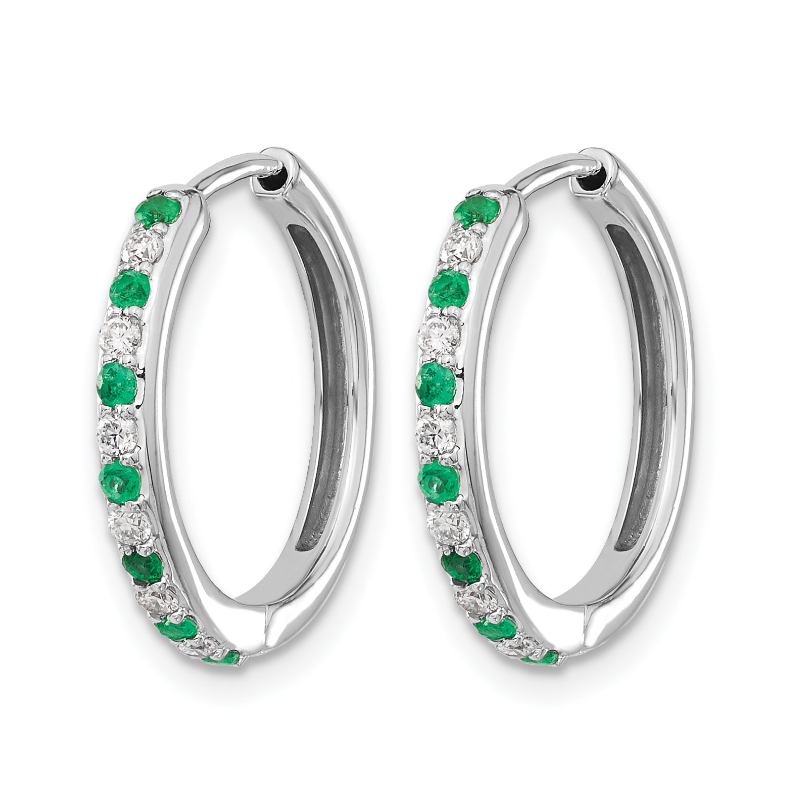 14k White Gold 1/5 carat Lab Grown Diamond VS/SI+ G+ and Created Emerald Complete Hinged Hoop Earrings Secondary image