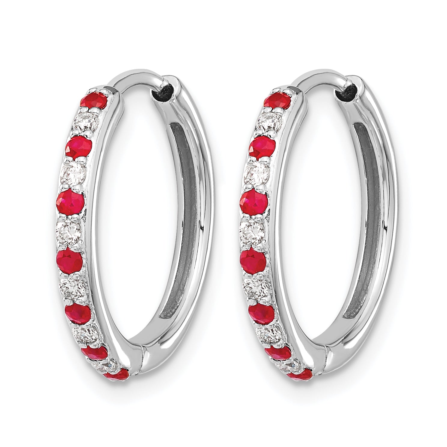 14k White Gold 1/5 carat Lab Grown Diamond VS/SI+ G+ and Created Ruby Complete Hinged Hoop Earrings