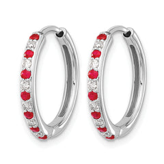 14k White Gold 1/5 carat Lab Grown Diamond VS/SI+ G+ and Created Ruby Complete Hinged Hoop Earrings