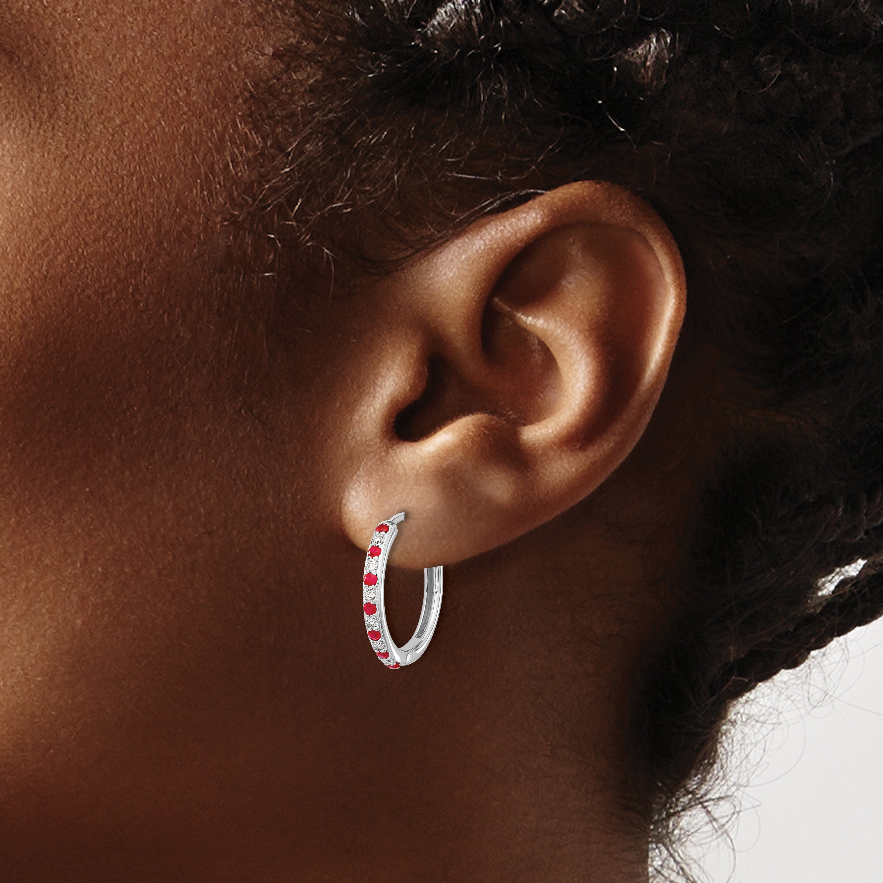 14k White Gold 1/5 carat Lab Grown Diamond VS/SI+ G+ and Created Ruby Complete Hinged Hoop Earrings