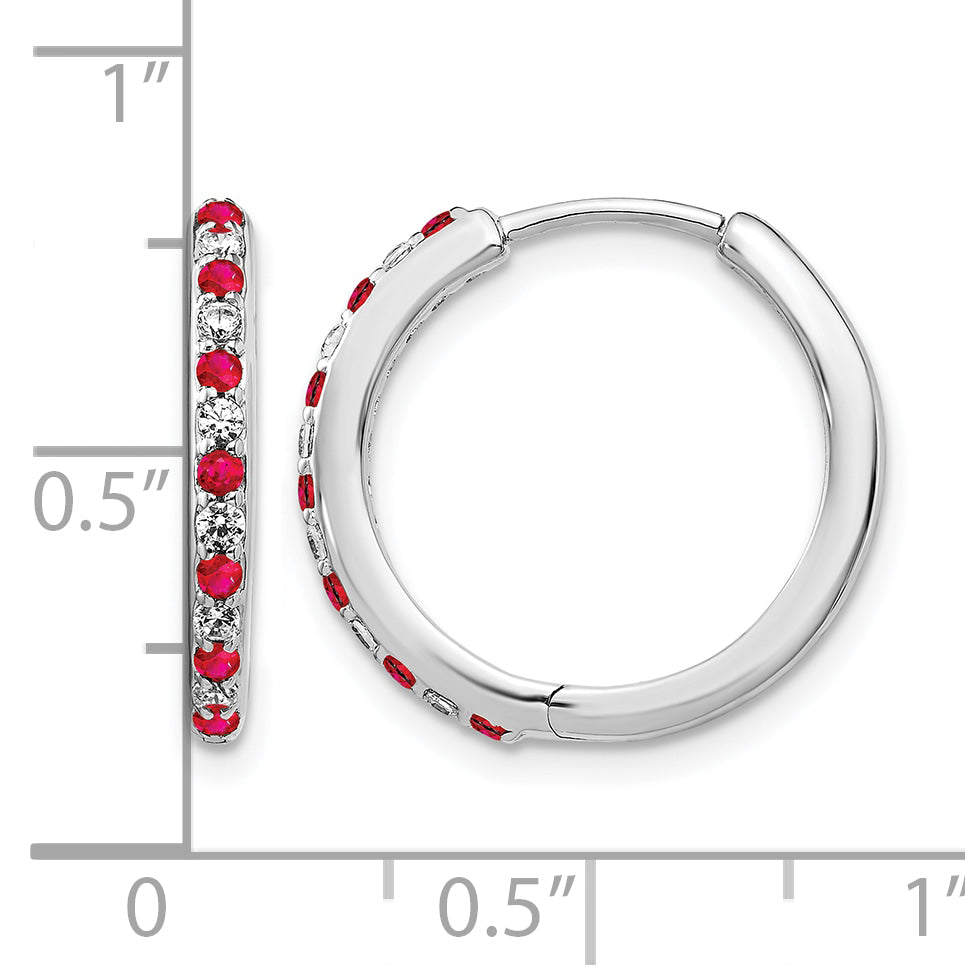 14k White Gold 1/5 carat Lab Grown Diamond VS/SI+ G+ and Created Ruby Complete Hinged Hoop Earrings