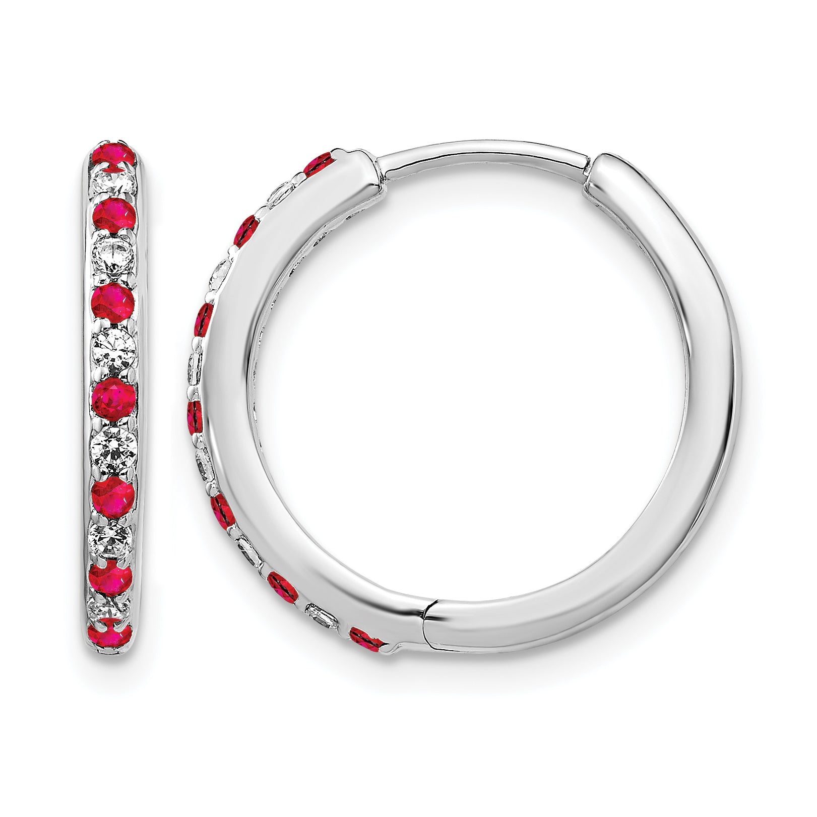 14k White Gold 1/5 carat Lab Grown Diamond VS/SI+ G+ and Created Ruby Complete Hinged Hoop Earrings Main image