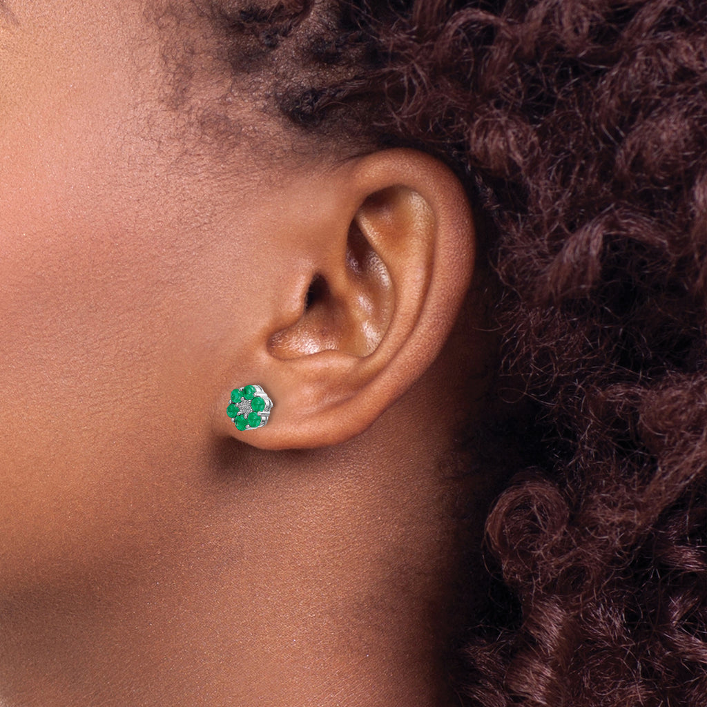 10k White Gold Polished Emerald and Diamond Post Earrings