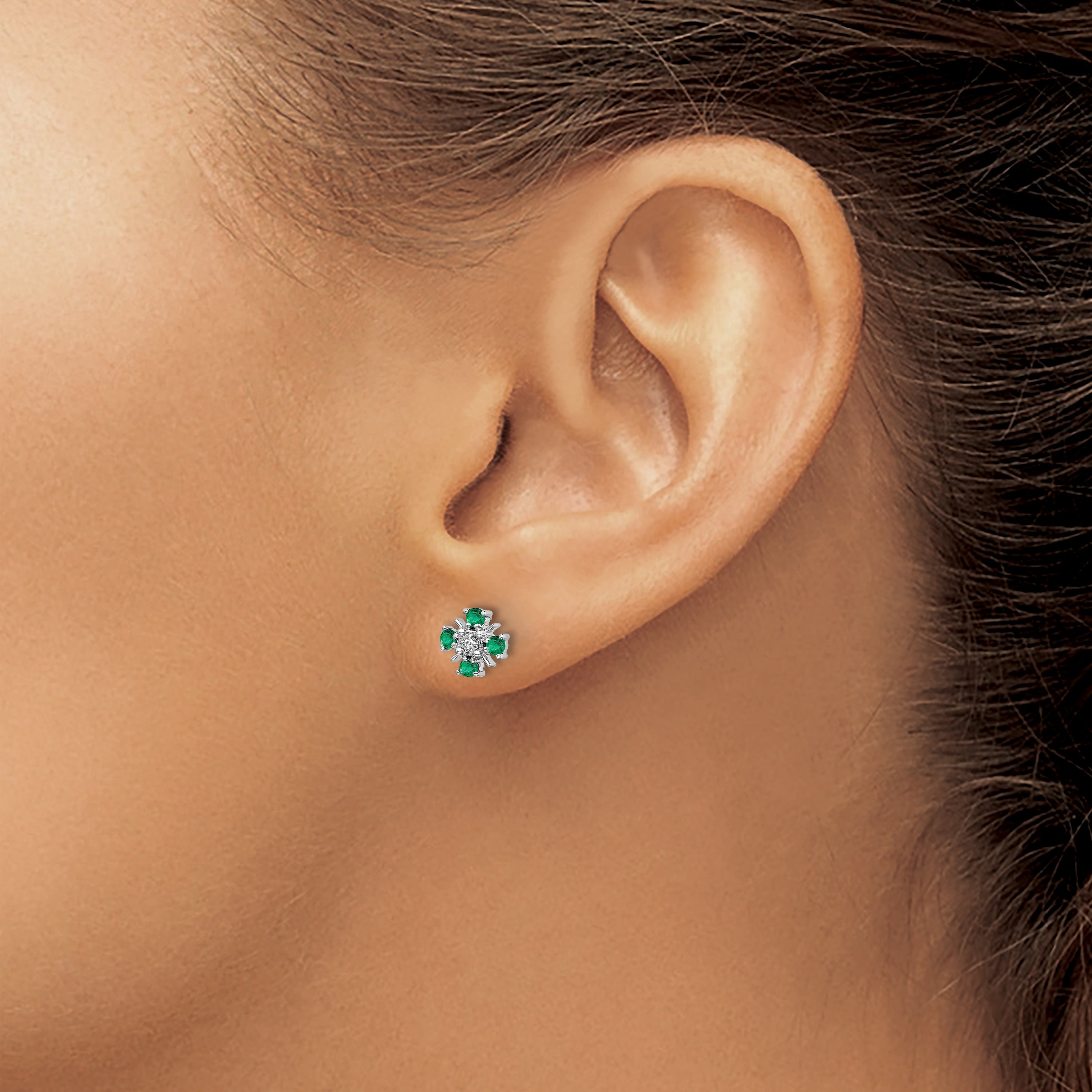 14k White Gold .01 carat Lab Grown Diamond VS/SI+ G+ and Created Emerald Complete Fashion Post Earrings