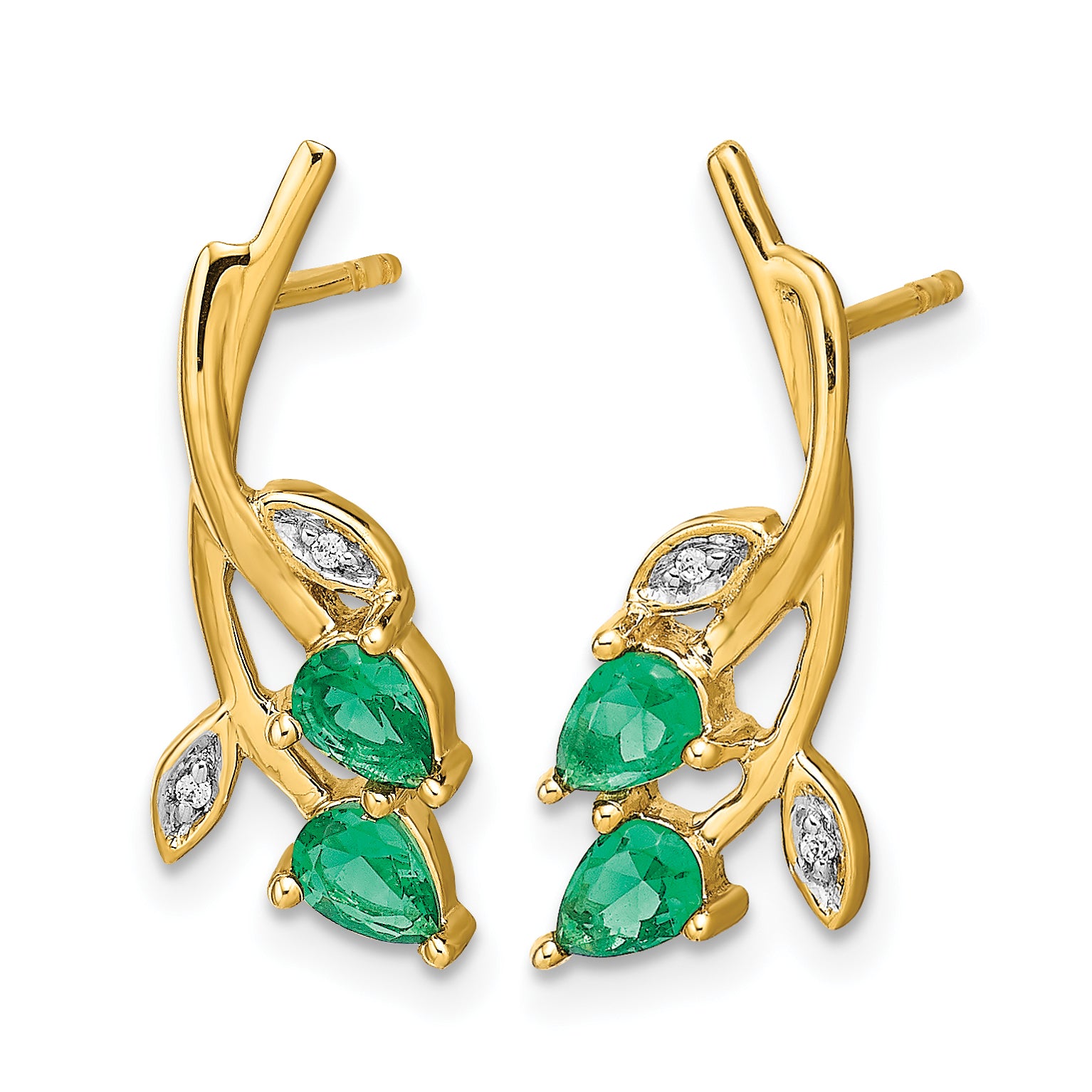 10k Diamond and Pear Emerald Floral Post Earrings Secondary image