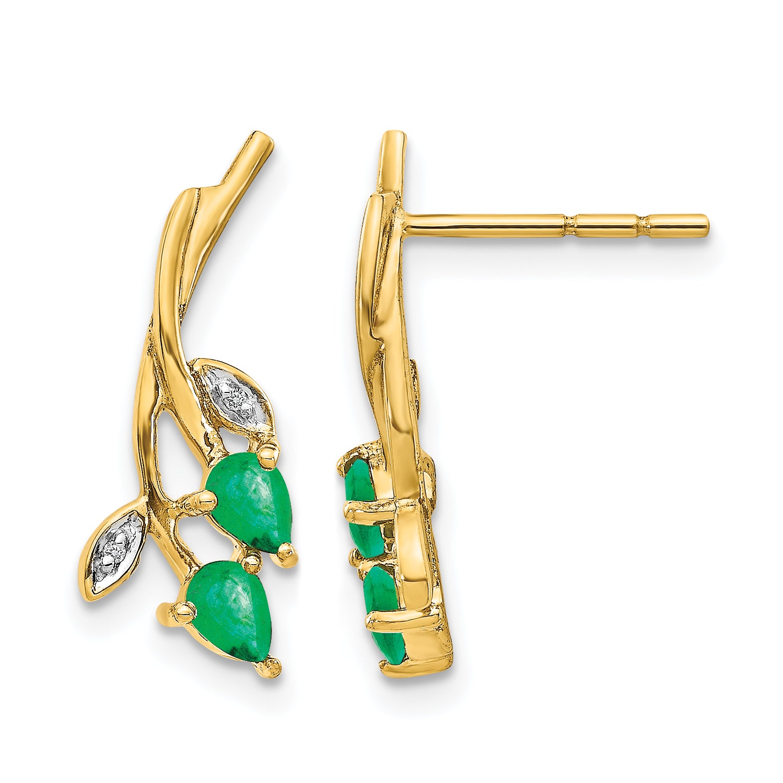 10k Diamond and Pear Emerald Floral Post Earrings Main image