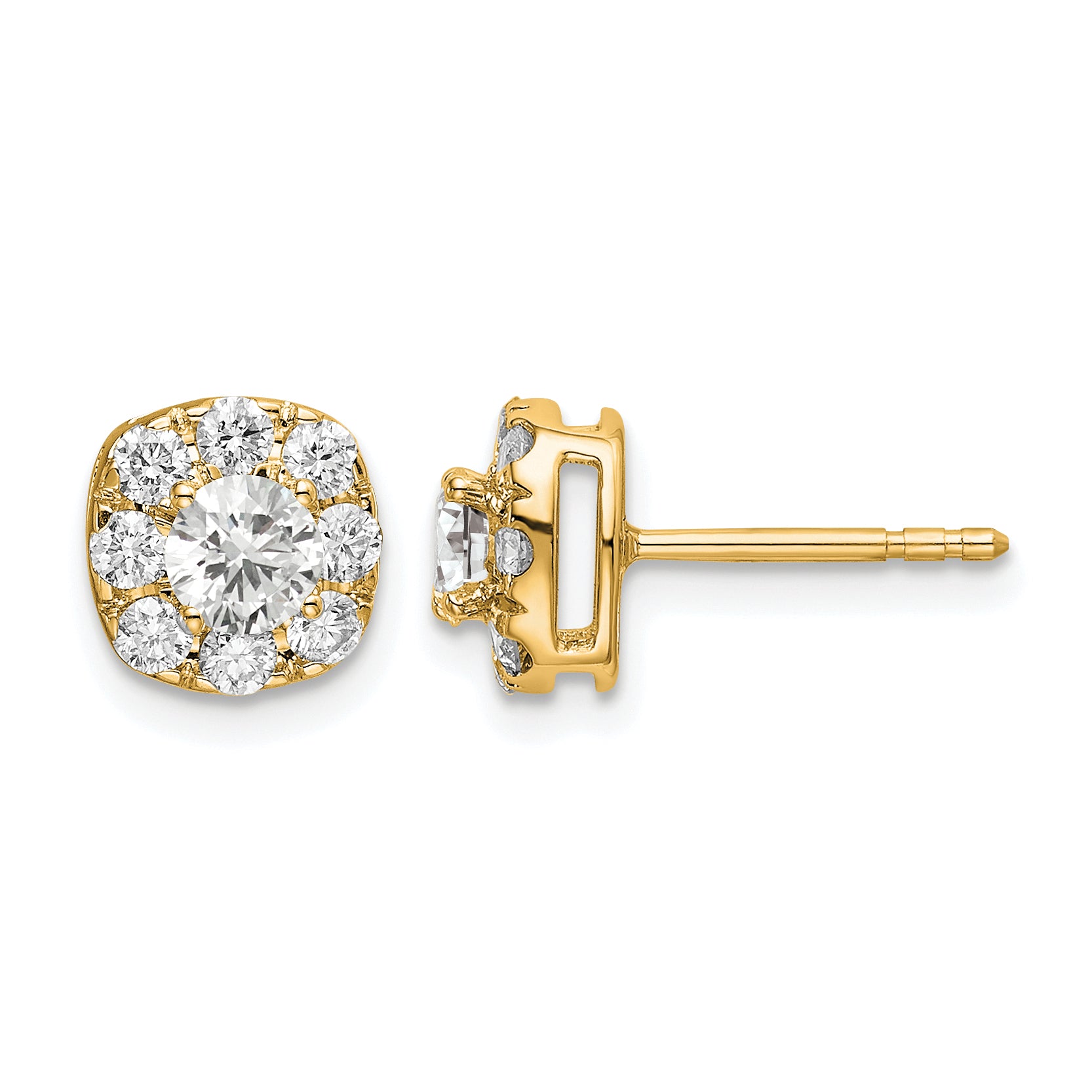 14k 1 carat Lab Grown Diamond VS/SI+ G+ Complete Cushion Halo Post Earrings