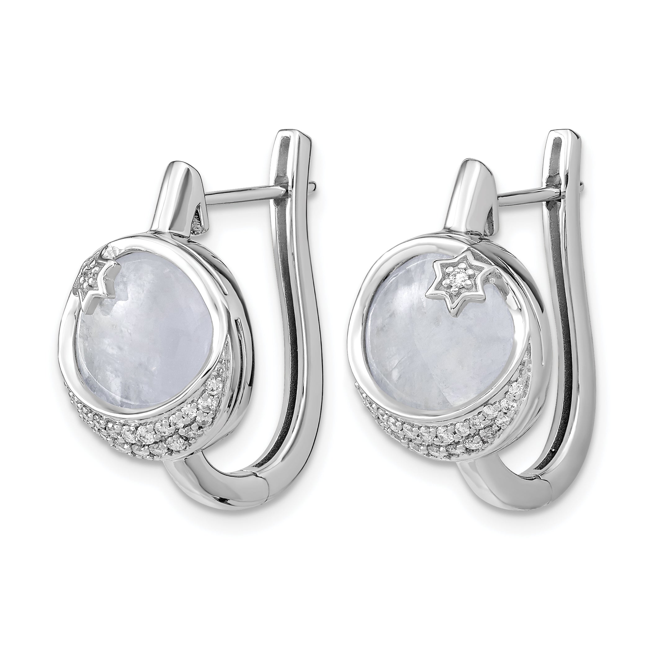 14k White Gold Dia. & Moonstone Moon & Star Hinged Hoop Earrings