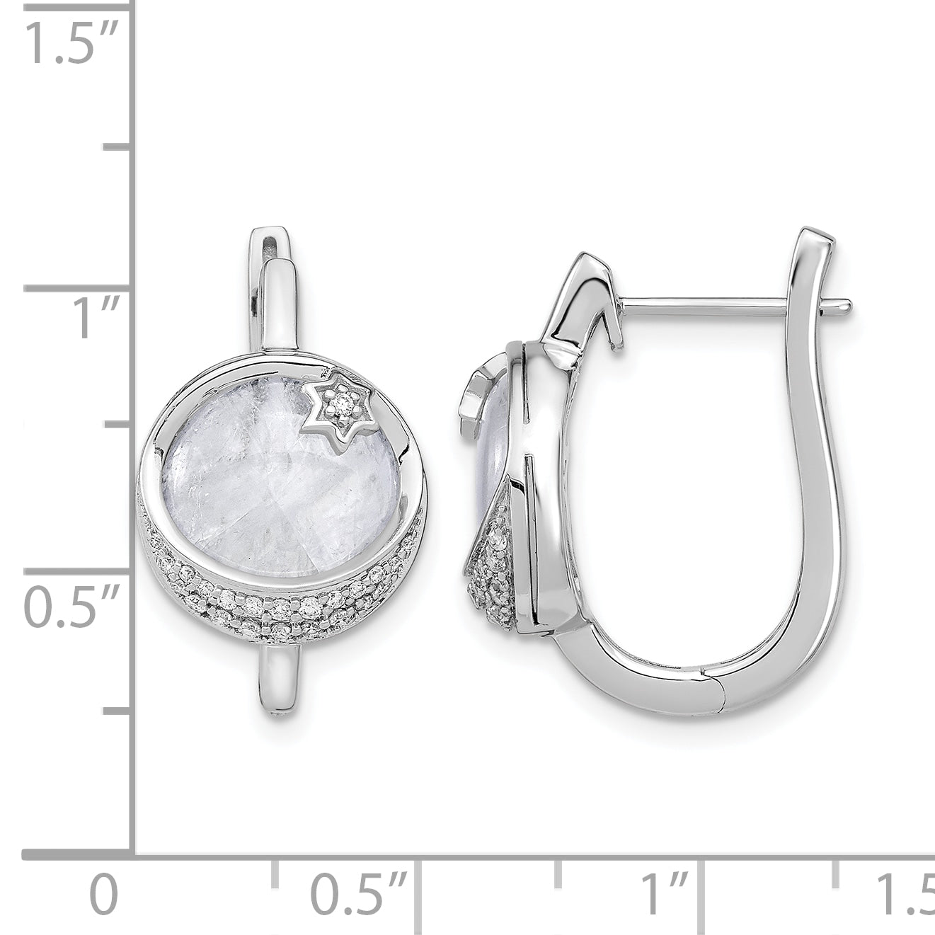 14k White Gold Dia. & Moonstone Moon & Star Hinged Hoop Earrings