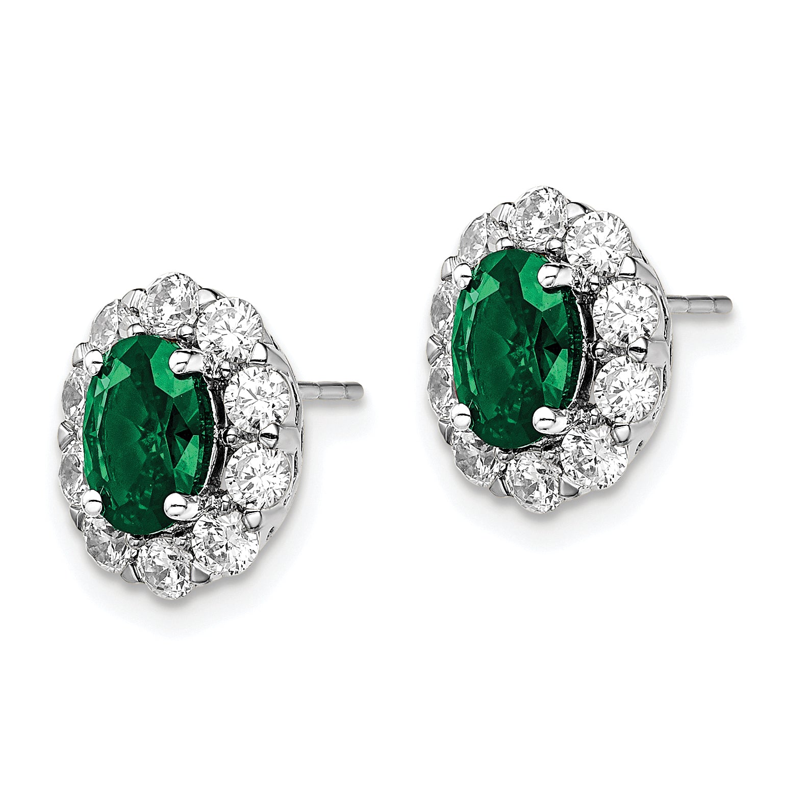 14k White Gold 1 1/5 carat Lab Grown Diamond VS/SI+ G+ and Oval Created Emerald Complete Halo Post Earrings Secondary image