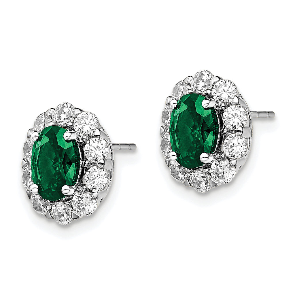 14k White Gold 1 1/5 carat Lab Grown Diamond VS/SI+ G+ and Oval Created Emerald Complete Halo Post Earrings