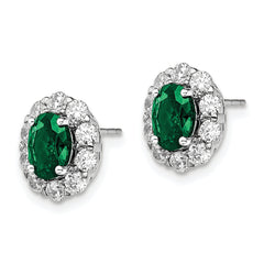 14k White Gold 1 1/5 carat Lab Grown Diamond VS/SI+ G+ and Oval Created Emerald Complete Halo Post Earrings
