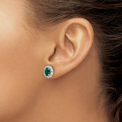 14k White Gold 1 1/5 carat Lab Grown Diamond VS/SI+ G+ and Oval Created Emerald Complete Halo Post Earrings