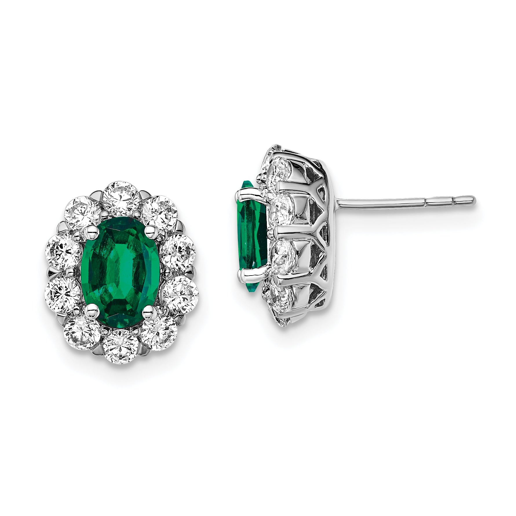 14k White Gold 1 1/5 carat Lab Grown Diamond VS/SI+ G+ and Oval Created Emerald Complete Halo Post Earrings Main image