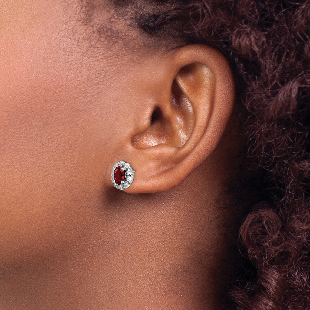 14k White Gold 1 1/5 carat Lab Grown Diamond VS/SI+ G+ and Oval Created Ruby Complete Halo Post Earrings