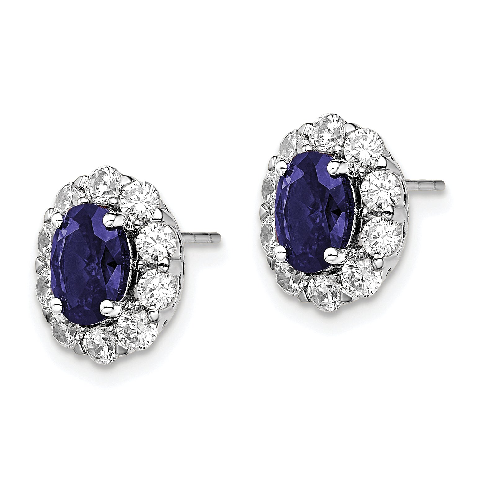 14k White Gold 1 1/5 carat Lab Grown Diamond VS/SI+ G+ and Oval Created Sapphire Halo Post Earrings Secondary image