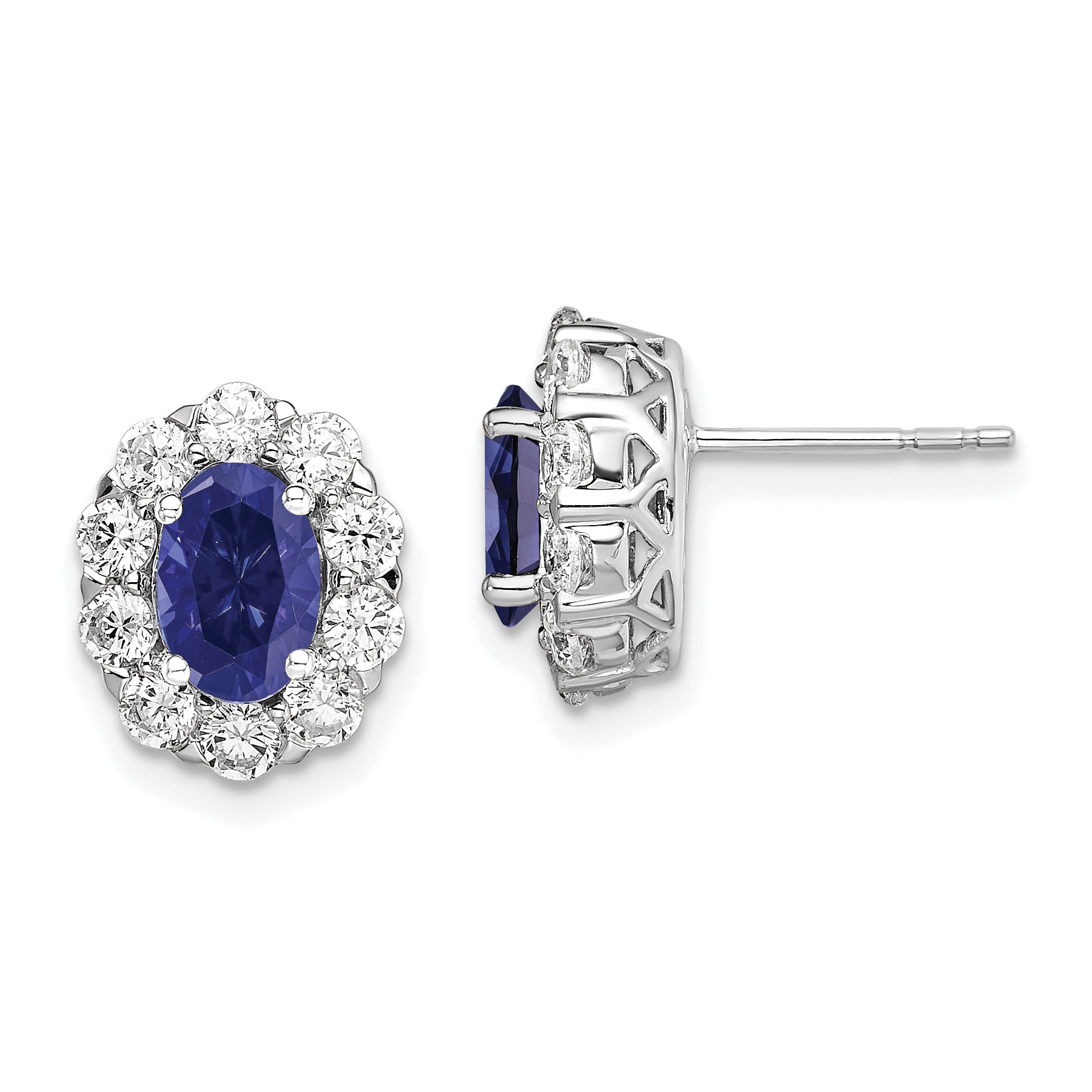 14k White Gold 1 1/5 carat Lab Grown Diamond VS/SI+ G+ and Oval Created Sapphire Halo Post Earrings Main image