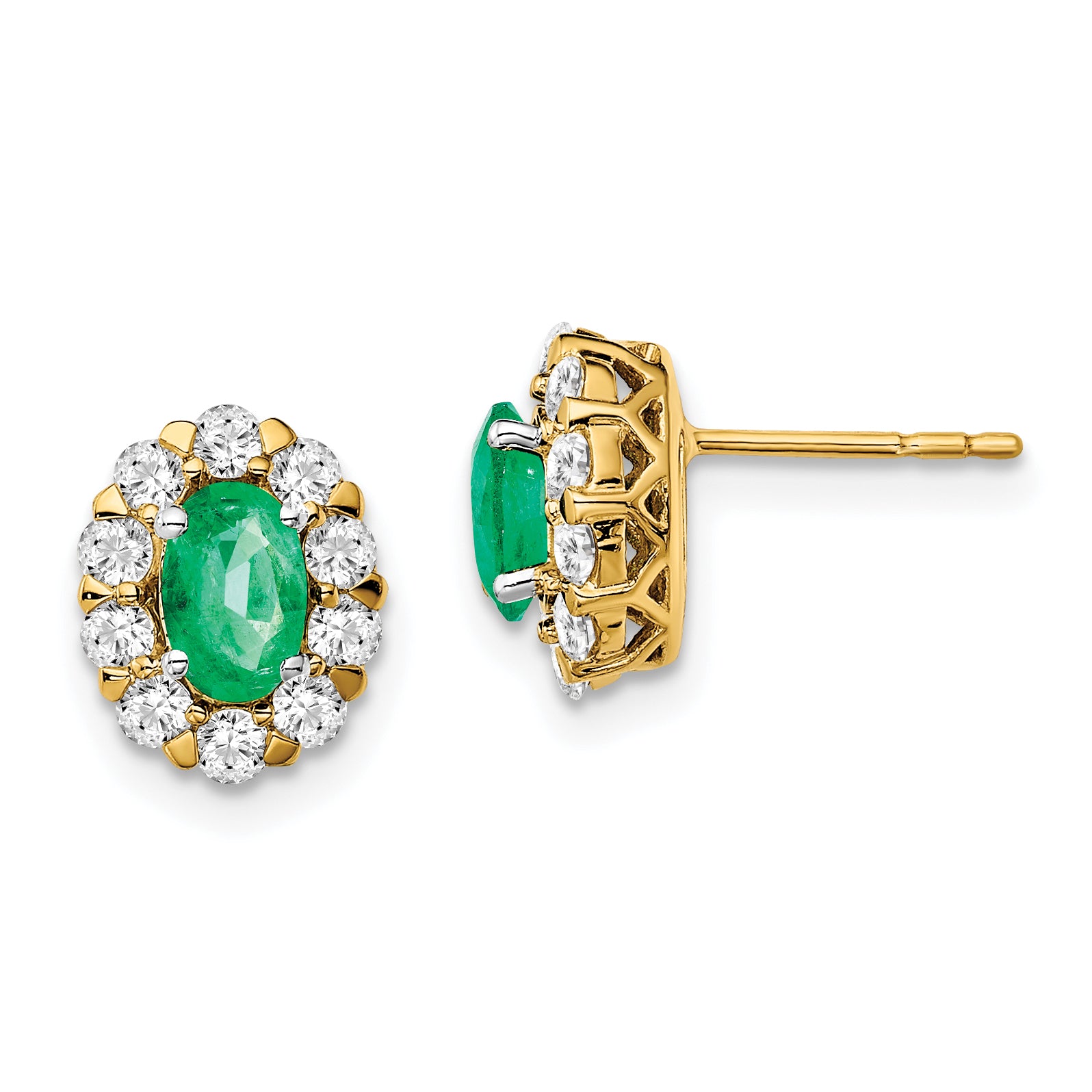 14k 5/8 carat Lab Grown Diamond VS/SI+ G+ and Oval Created Emerald Complete Halo Post Earrings Main image
