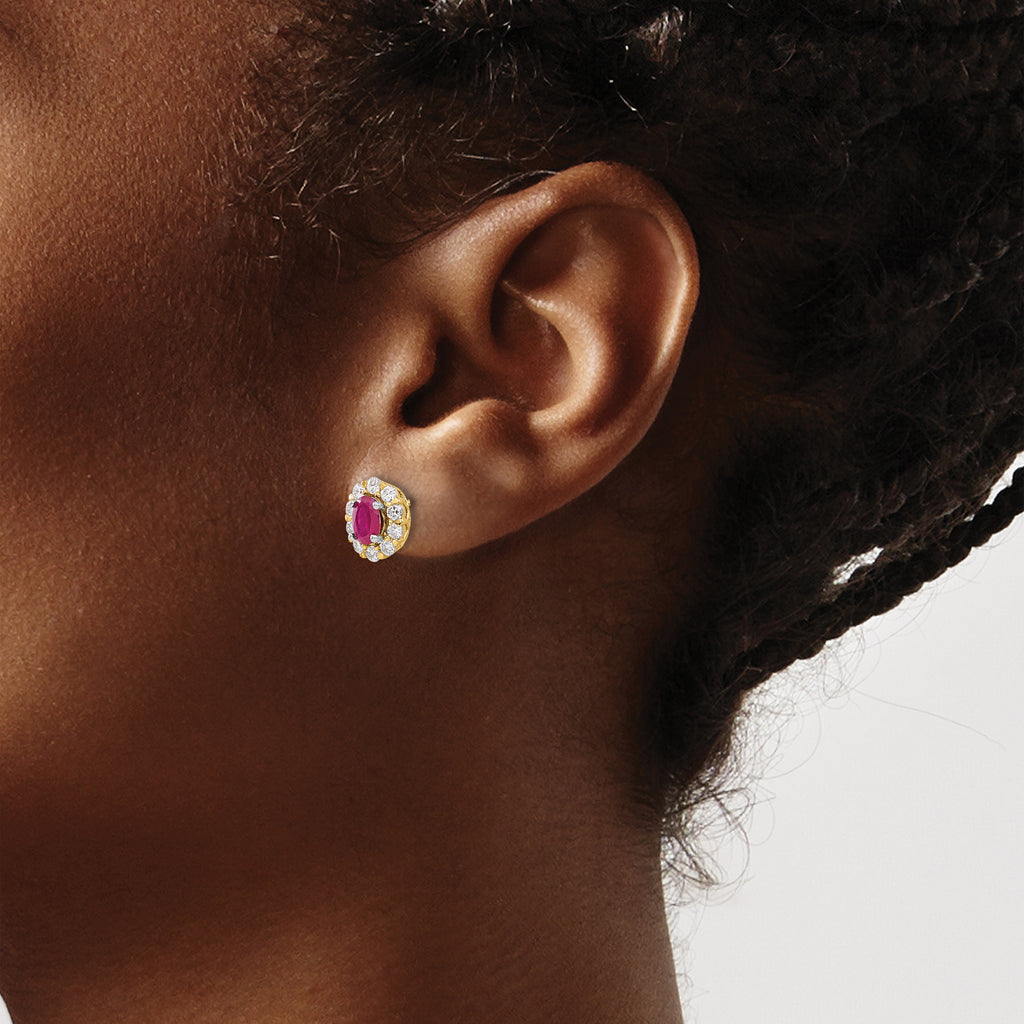 14k 3/4 carat Lab Grown Diamond VS/SI+ G+ and Oval Created Ruby Complete Halo Post Earrings