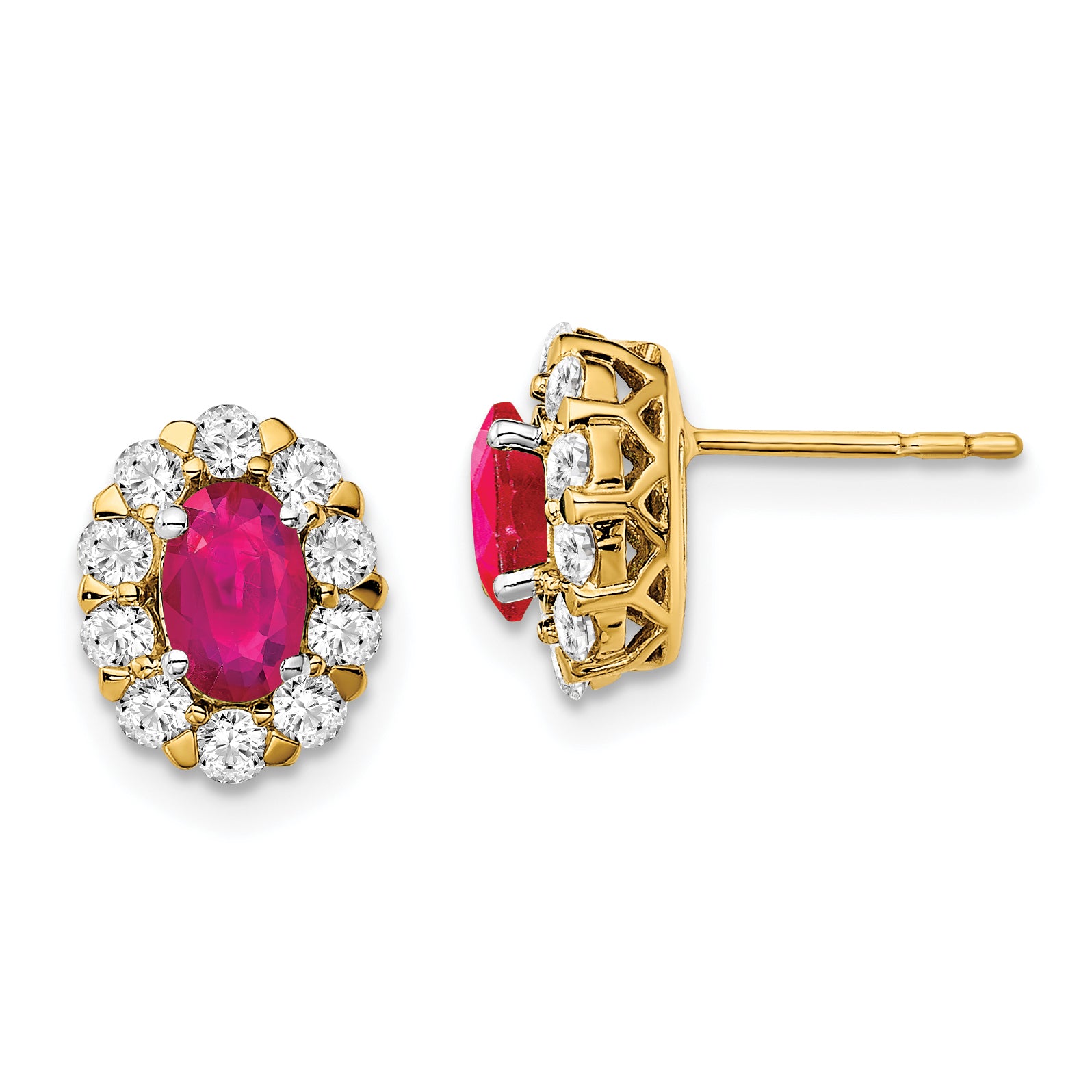 14k 3/4 carat Lab Grown Diamond VS/SI+ G+ and Oval Created Ruby Complete Halo Post Earrings Main image