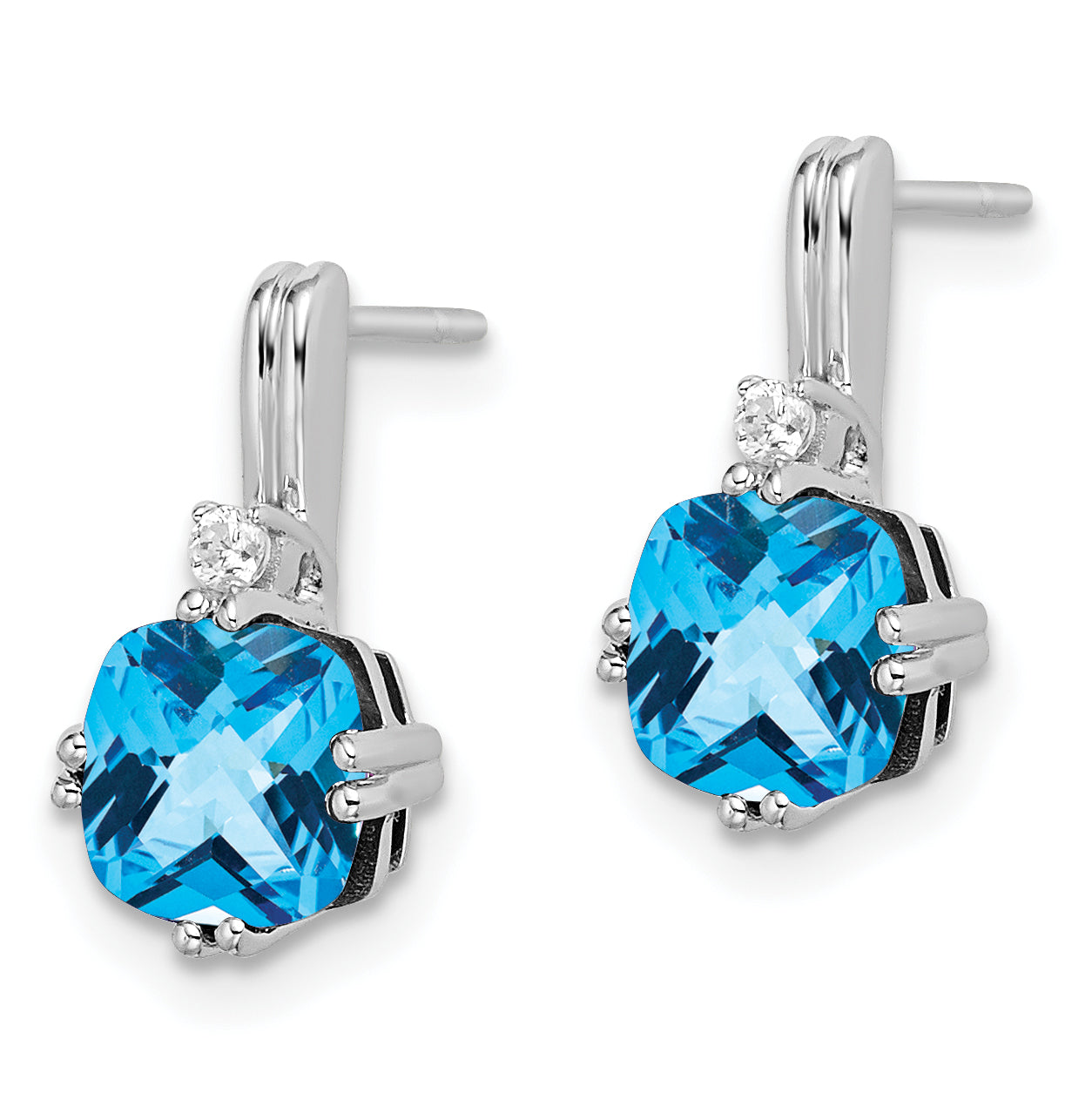 10k White Gold Cushion Blue Topaz and Diamond Earrings
