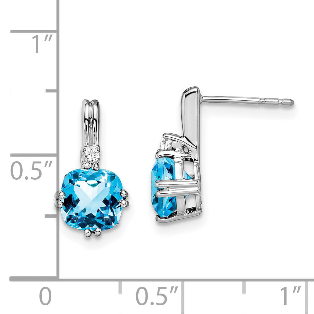 10k White Gold Cushion Blue Topaz and Diamond Earrings