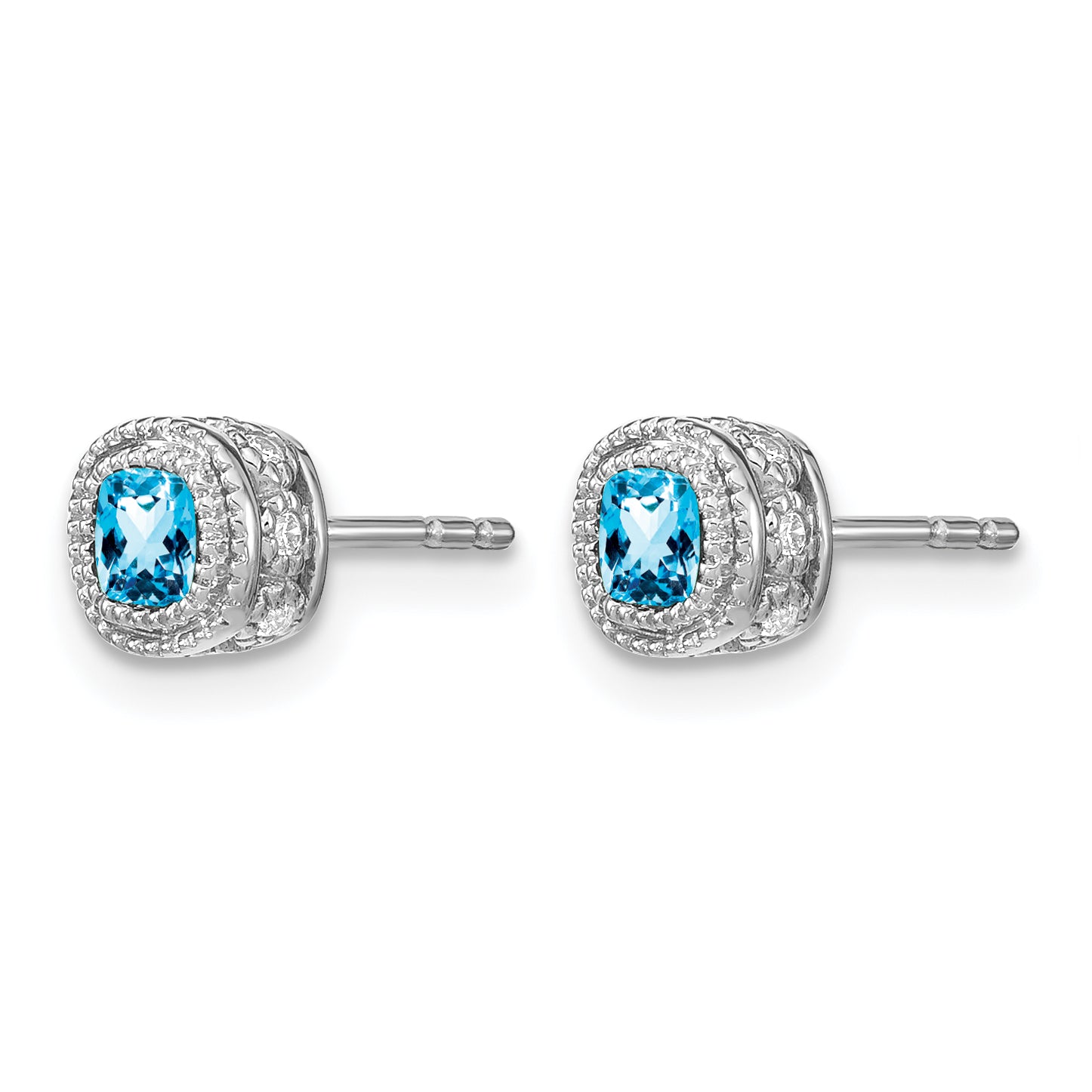 10k White Gold Cushion Blue Topaz and Diamond Earrings